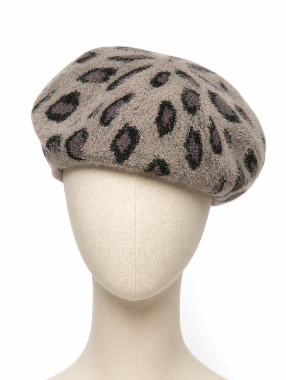 ANTHROPOLOGIE Anthro Elsie Gray Leopard Print Cozy Chic Fuzzy Knit Beret